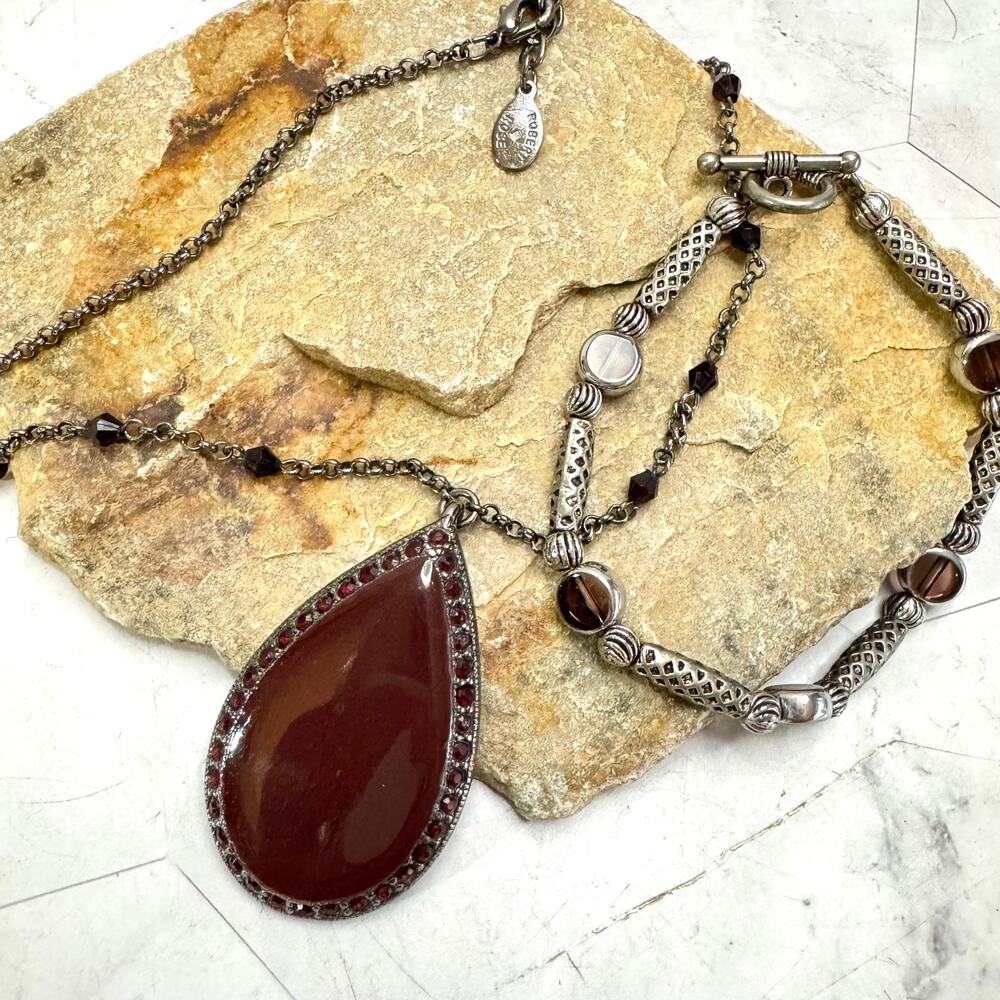 Vtg Robert Rose Pendant Necklace & Bracelet Silver Tone Red Teardrop Glass Beads
